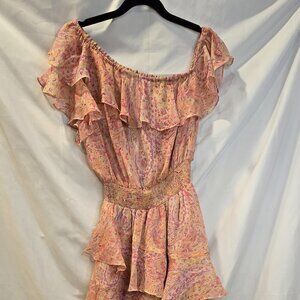 NWT MISA Dress Pink/Yellow Size S Off The Shoulder Smocked Waist